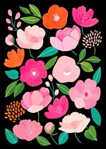 طرح گرافیکی گل‌های رنگارنگ با پس‌زمینه مشکی ایده‌آل برای روتختی، پرده و تابلوهای هنری مدرن