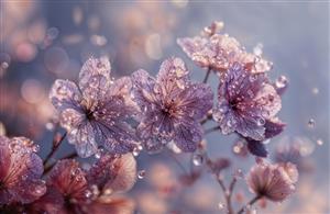 تصویر رویایی شکوفه‌های یاسی با قطرات معلق آب جهت چاپ پوستر دیواری اتاق خواب و سالن اسپا