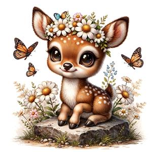 تصویر کارتونی گوزن مهربان و پروانه‌ها با تاج گل مناسب پوستر دیواری اتاق نوزاد و مهدکودک