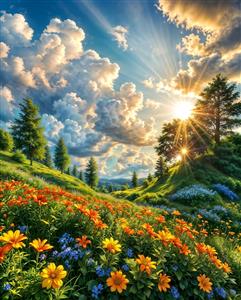 منظره بهاری دشت گل‌های وحشی و تابش پرتوهای خورشید ایده‌آل برای پوستر دیواری پذیرایی و لابی ویلا