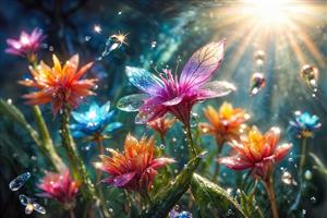 پوستر دیواری فانتزی گل‌های رنگارنگ و قطرات باران زیر نور خورشید برای اتاق کودک و مهدکودک