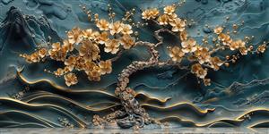 پوستر دیواری سه بعدی طرح درخت طلا و شکوفه روی پس‌زمینه سورمه‌ای لوکس برای پشت تلویزیون و لابی هتل