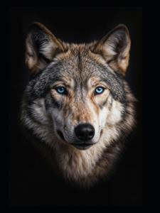 پوستر دیواری گرگ با چشمان آبی خیره‌کننده در پس‌زمینه تیره مناسب برای دکوراسیون مدرن اتاق خواب جوانان، دفتر کار و چاپ تابلو شاسی و کوسن