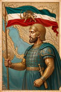 طرح نقاشی سردار هخامنشی با پرچم شیر و خورشید و نقشه ایران برای پوستر دیواری اماکن فرهنگی و تاریخی