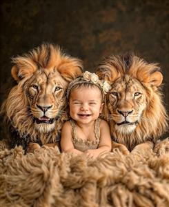 عکس فانتزی نوزاد در میان دو شیر قدرتمند مناسب برای چاپ پوستر دیواری سیسمونی و دکوراسیون خاص آتلیه کودک