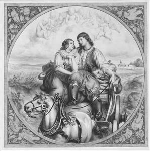 تصویر مینیاتوری سیاه و سفید زوج جوان در درشکه برای چاپ روی روتختی بزرگسال و پوستر دیواری اتاق خواب