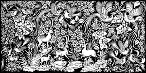 وکتور سیاه و سفید باغ وحش مینیاتوری با آهو و پرنده برای چاپ روی دفترچه و کاغذ دیواری