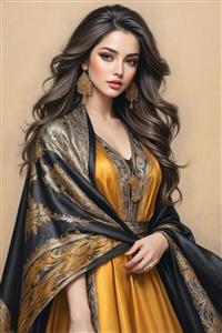 پوستر سه بعدی زن با لباس زرد و شال طرح‌دار سنتی ایده آل برای دکوراسیون خانه‌های مدرن و اتاق مهمان