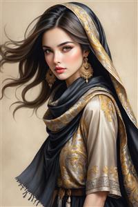 طرح لوکس زن با شال طرح‌دار و گوشواره‌های بزرگ برای چاپ تابلو بوم و پوستر دیواری فضاهای اداری و تجاری