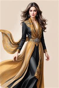 تصویر باکیفیت مدل زن با لباس مجلسی دنباله‌دار مشکی و طلایی ویژه چاپ پوستر دیواری تالار و اتاق خواب مستر