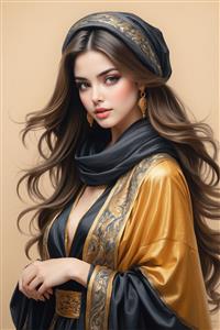 طرح پوستر دیواری عمودی زن با لباس ساتن طلایی و مشکی و سربند سنتی برای تزئین دیوار مزون و سالن‌های زیبایی