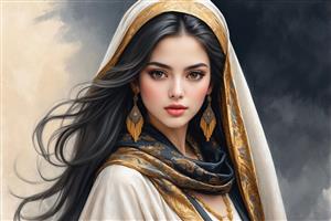 پوستر دیواری چهره زن با حجاب شیک و گوشواره‌های اسلیمی طلایی برای دکوراسیون لابی هتل و فضاهای تشریفاتی