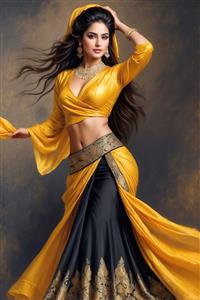 طرح گرافیکی زن شرقی با لباس دو تکه زرد و مشکی برای چاپ پوستر دیواری سالن رقص و باشگاه بدنسازی بانوان