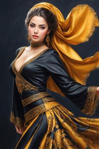 تصویر زن با استایل شرقی و شال ابریشمی طلایی برای چاپ روی پرده، رانر و پوستر دیواری پذیرایی