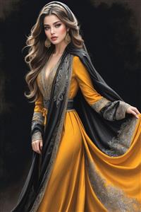 پرتره زن با لباس فاخر و شال بلند مشکی طلایی ویژه تابلو دکوراتیو و پوستر دیواری تالار پذیرایی