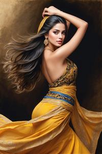 فیگور زن با پیراهن زرد پشت‌باز و موهای پریشان برای پوستر دیواری مدرن اتاق مستر و مزون