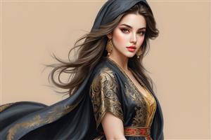 طرح گرافیکی چهره زن با شال تیره و لباس اسلیمی ویژه پوستر دیواری اتاق خواب و سالن‌های زیبایی لوکس