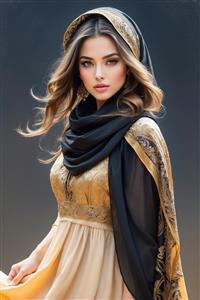 پرتره هنری زن با حجاب و شال مشکی طلایی مناسب برای چاپ تابلو بوم و پوستر دیواری لابی و هتل