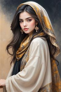 طرح چهره زن با شال کرم و نقوش اسلیمی برای چاپ روی پرده پانچی و تابلو دکوراتیو اتاق خواب و راهرو