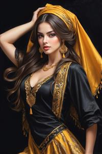 پوستر دیواری طرح زن شرقی با سربند و لباس محلی فاخر برای دکوراسیون رستوران سنتی و عمارت های کلاسیک