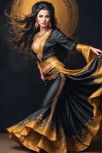 طرح رقص سماع زن با لباس پرچین مشکی و طلایی برای پوستر دیواری مزون های لوکس و سالن های آرایشی