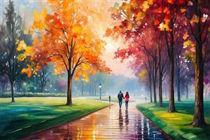 منظره پاییزی رویایی پارک جنگلی با انعکاس درختان در باران ویژه پوستر دیواری سه بعدی پذیرایی و لابی هتل