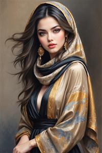 پرتره بانو با شال ابریشمی و تم رنگی بژ و مشکی مناسب برای پوستر دیواری کلاسیک اتاق خواب و تابلوهای مینیمال لوکس