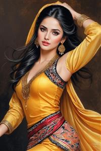 مدل زن با لباس محلی مدرن گلدوزی شده و جواهرات سنتی مناسب برای پوستر دیواری رستوران‌های مجلل و تالارهای پذیرایی