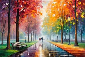 تابلو نقاشی رنگارنگ از قدم زدن دو نفره در پارک پاییزی زیر باران ایده پوستر دیواری رمانتیک برای اتاق خواب زوجین و لابی