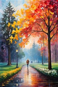 منظره پاییزی رویایی با پیاده‌رو باران‌خورده و درختان رنگارنگ جهت چاپ پوستر دیواری طبیعت و کاغذ دیواری سه بعدی اتاق استراحت