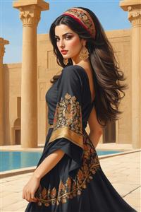 تصویر زن با استایل باستانی در کنار ستون‌های تاریخی برای پوستر دیواری کافی‌شاپ‌ها و رستوران‌های سنتی و محیط‌های اداری