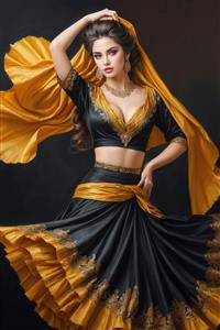 طرح گرافیکی رقصنده با دامن کلوش گلدوزی شده مشکی و طلایی برای پوستر دیواری پاناروما در باشگاه‌های ورزشی و سالن پذیرایی