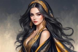 پرتره زن با موهای مشکی موج‌دار و لباس سلطنتی شرقی ویژه پوستر دیواری لابی هتل و قاب عکس دکوراتیو در اتاق مستر