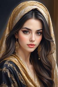 چهره زیبای زن با حجاب استایل طلایی و جواهرات فاخر برای تابلوهای شاسی، قاب دکوراتیو و دکور لابی