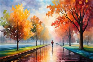 منظره پاییزی درختان با برگ‌های رنگارنگ و مسیر پیاده‌روی بارانی مناسب پوستر دیواری و کاغذ دیواری سه بعدی