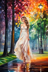 نقاشی امپرسیونیسم زن با لباس بلند در خیابان پاییزی با چراغ‌های روشن مخصوص پوستر دیواری سالن پذیرایی و تالار