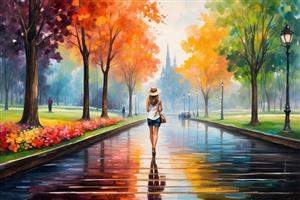 تصویر هنری قدم زدن دختر در پارک پاییزی باران خورده مناسب پوستر دیواری عمودی و تابلو اتاق خواب مدرن