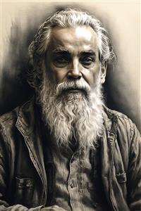 چهره پیرمرد با ریش سفید بلند و نگاه عمیق با سبک نقاشی زغال مناسب تابلو دکوراتیو اتاق کار و دفتر مهندسی