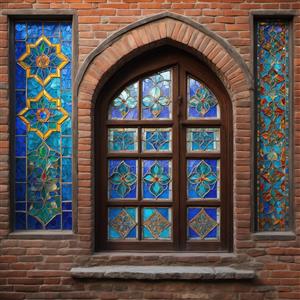 پوستر دیواری تلفیقی طرح پنجره‌های عمودی و قوسی با شیشه‌های رنگی ویژه لابی و ورودی ساختمان