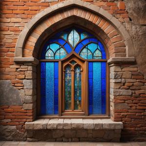 پوستر دیواری لوکس با طرح پنجره چوبی و شیشه‌های لاجوردی برای پشت میز مدیریت و تالار