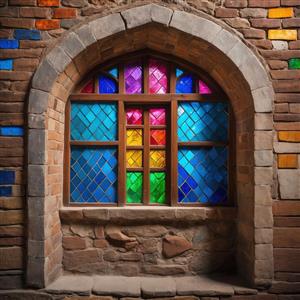 تصویر باکیفیت پنجره قوسی سنتی با شیشه‌های رنگی شطرنجی مناسب دکوراسیون کافه و رستوران