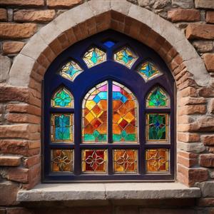 پوستر دیواری سه بعدی طرح پنجره سنگی با شیشه‌های رنگی مشبک مناسب راهرو و لابی هتل