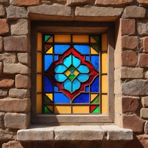 نمای نزدیک پنجره سنتی در دل دیوار سنگی برای پوستر دیواری رستوران‌های سنتی و کافی‌شاپ