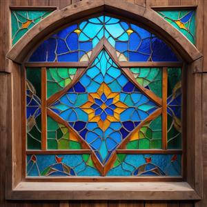 شمسه ستاره‌ای شیشه‌ای با تم آبی و سبز ویژه چاپ پرده تصویری و پوستر دیواری اتاق خواب