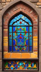 پوستر دیواری طرح محرابی با شیشه‌های رنگی لاجوردی و فیروزه‌ای برای دکوراسیون سنتی و رستوران