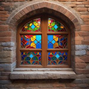 تصویر پانوراما از پنجره دوقلو سنتی شیشه رنگی برای دیوارپوش و پوستر دیواری پذیرایی مجلل