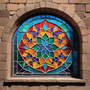 طرح ماندالا و گل کثیرالانتشار روی پنجره قوسی بزرگ مناسب برای پوستر دیواری مراکز یوگا و مدیتیشن