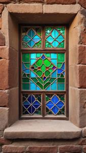 پنجره تزیینی با طیف رنگی سبز و آبی در قاب سنگی مناسب برای دیوارپوش و پوسترهای ضد آب حمام و استخر