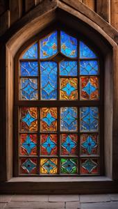 نمای داخلی پنجره چوبی با شیشه‌های ستاره‌ای و رنگ‌های گرم مناسب اتاق کودک و مهدکودک جهت ایجاد فضای شاد