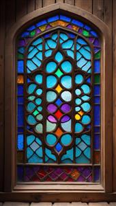 پنجره قوس‌دار سنتی با شیشه‌های آبی و بنفش در نمای چوبی ایده‌آل برای اتاق مستر و کلینیک‌های زیبایی